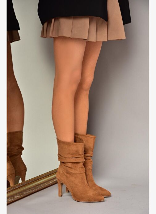 R404020302 Taba Süet İnce Topuklu Büzgülü Kadın Bot - Görsel 2