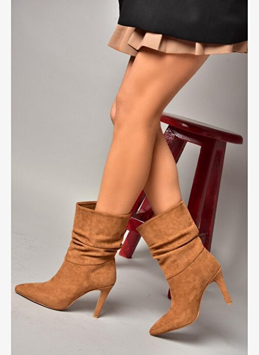 R404020302 Taba Süet İnce Topuklu Büzgülü Kadın Bot - Görsel 6