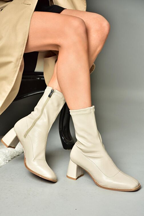 R404200109 Bej Streç Kalın Topuklu Kadın Bot - Görsel 4