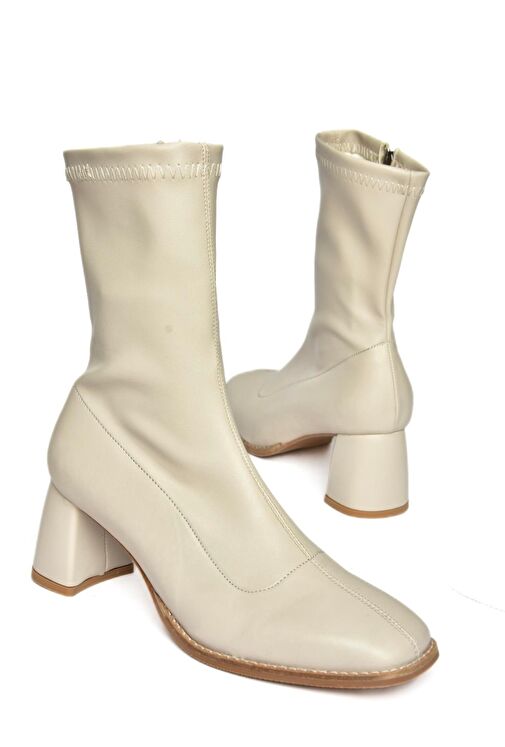 R404200109 Bej Streç Kalın Topuklu Kadın Bot - Görsel 5