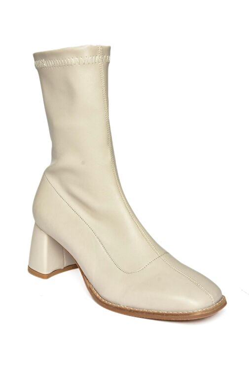 R404200109 Bej Streç Kalın Topuklu Kadın Bot - Görsel 6