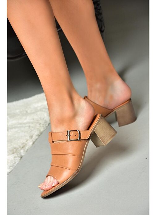 P555450903 Taba Hakiki Deri Kalın Topuklu Günlük Kadın Terlik - Görsel 3