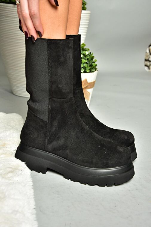 R267043102 Siyah Süet Streç Kalın Tabanlı Kadın Bot - Görsel 3