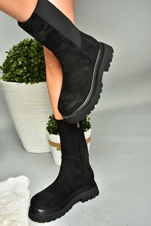 R267043102 Siyah Süet Streç Kalın Tabanlı Kadın Bot - Görsel 4