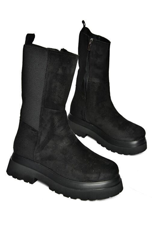 R267043102 Siyah Süet Streç Kalın Tabanlı Kadın Bot - Görsel 6