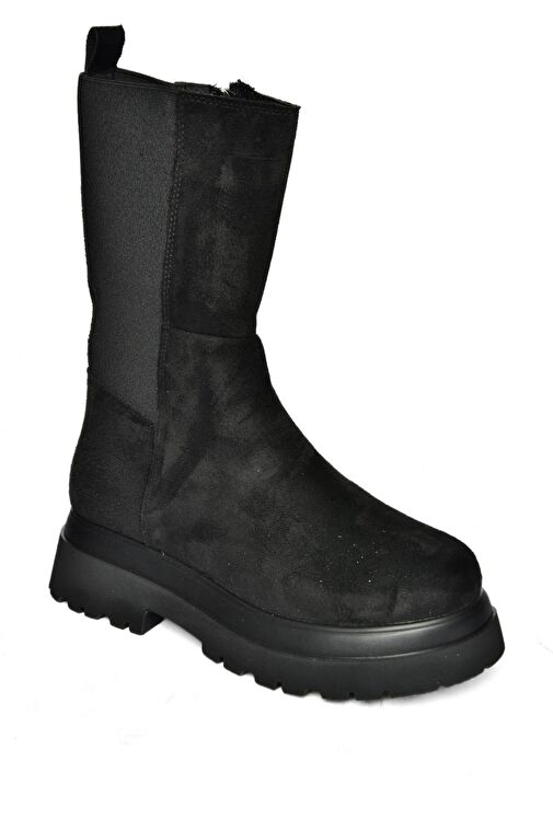 R267043102 Siyah Süet Streç Kalın Tabanlı Kadın Bot - Görsel 8