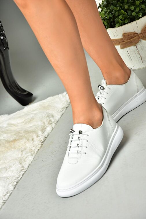 P555461003 Beyaz Hakiki Deri Kadın Spor Ayakkabı Sneakers - Görsel 3
