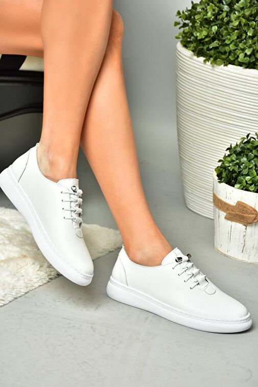 P555461003 Beyaz Hakiki Deri Kadın Spor Ayakkabı Sneakers - Görsel 6