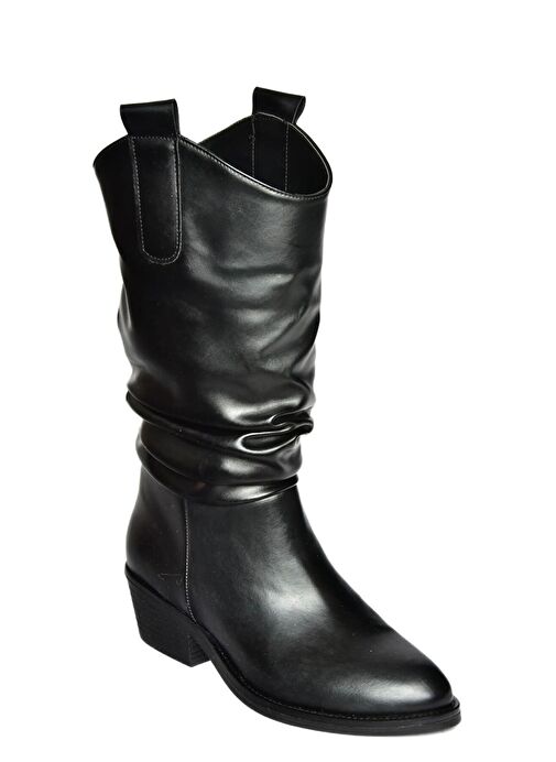 R280080509 Siyah Alçak Topuklu Büzgülü Kadın Çizme - Görsel 6