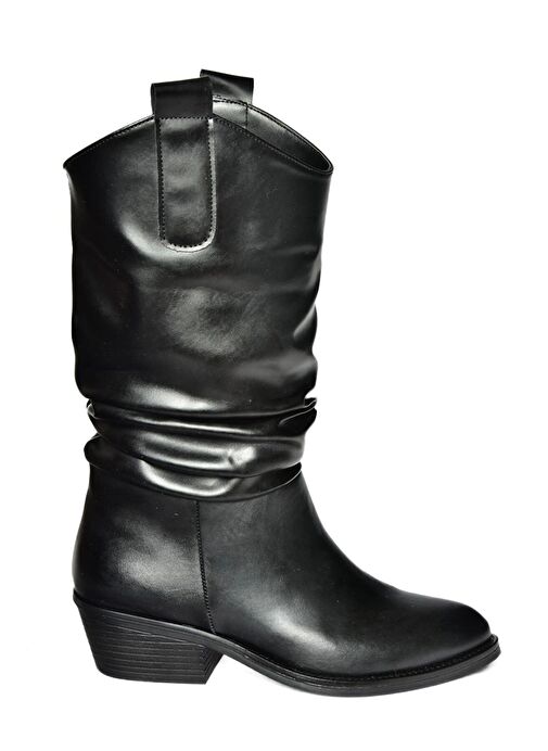 R280080509 Siyah Alçak Topuklu Büzgülü Kadın Çizme - Görsel 7