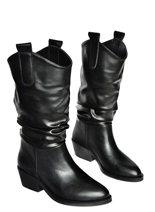 R280080509 Siyah Alçak Topuklu Büzgülü Kadın Çizme - Görsel 8