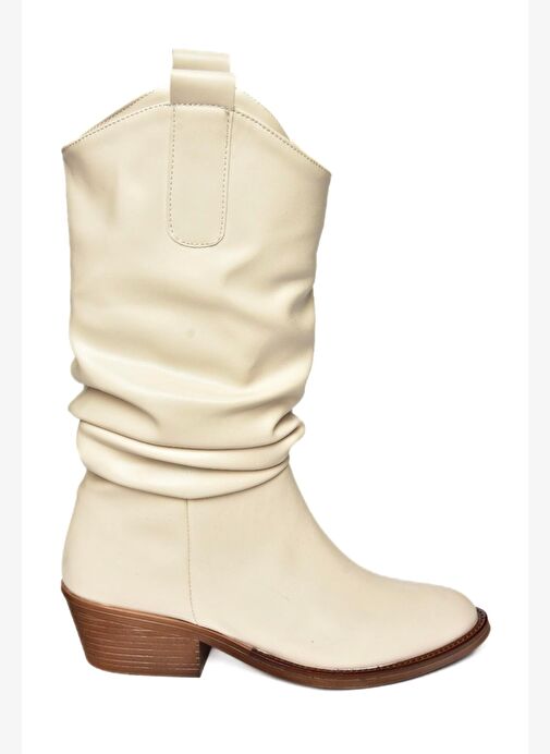 R280080509 Bej Alçak Topuklu Büzgülü Kadın Çizme - Görsel 9