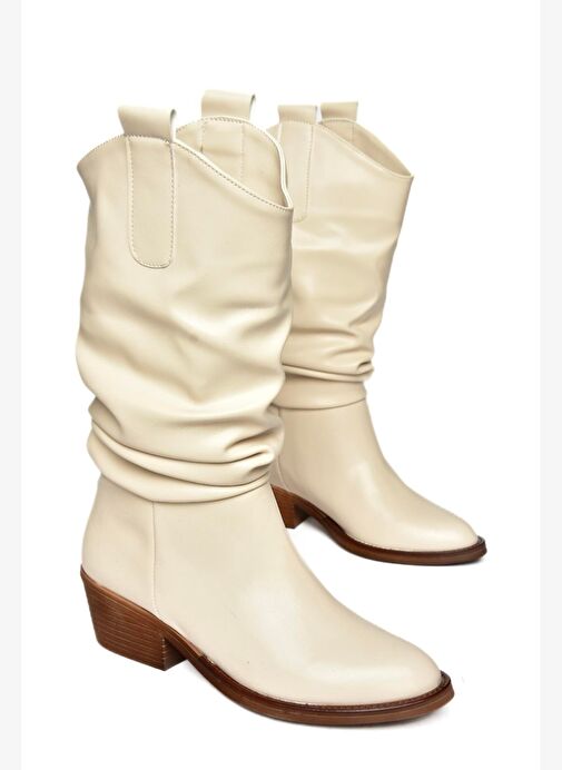 R280080509 Bej Alçak Topuklu Büzgülü Kadın Çizme - Görsel 8