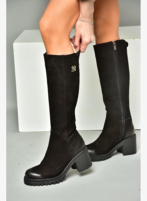 R654034003 Siyah Hakiki Deri Kalın Topuklu Kadın Çizme - Görsel 5