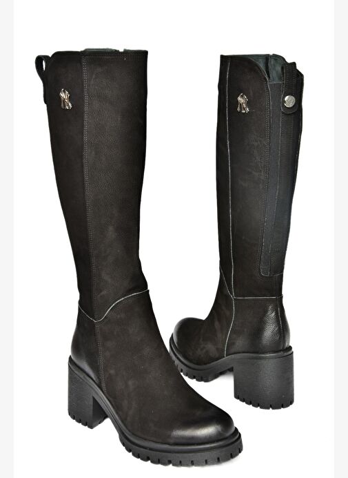 R654034003 Siyah Hakiki Deri Kalın Topuklu Kadın Çizme - Görsel 9