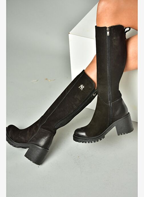R654034003 Siyah Hakiki Deri Kalın Topuklu Kadın Çizme - Görsel 3