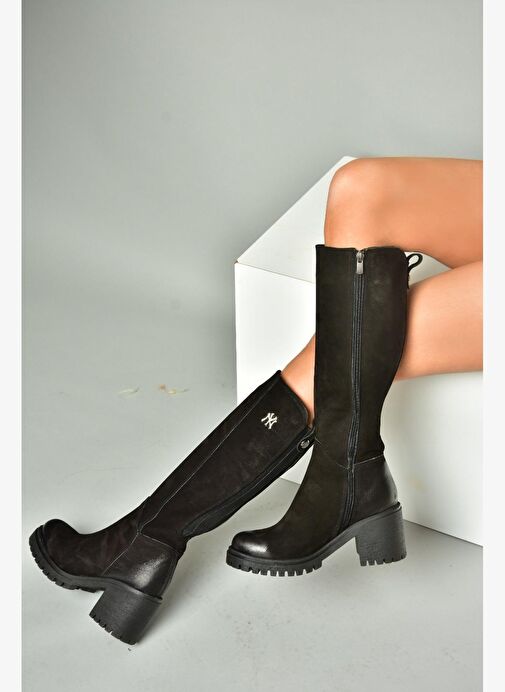 R654034003 Siyah Hakiki Deri Kalın Topuklu Kadın Çizme - Görsel 4