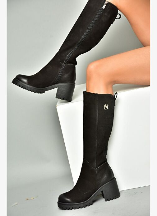 R654034003 Siyah Hakiki Deri Kalın Topuklu Kadın Çizme - Görsel 2