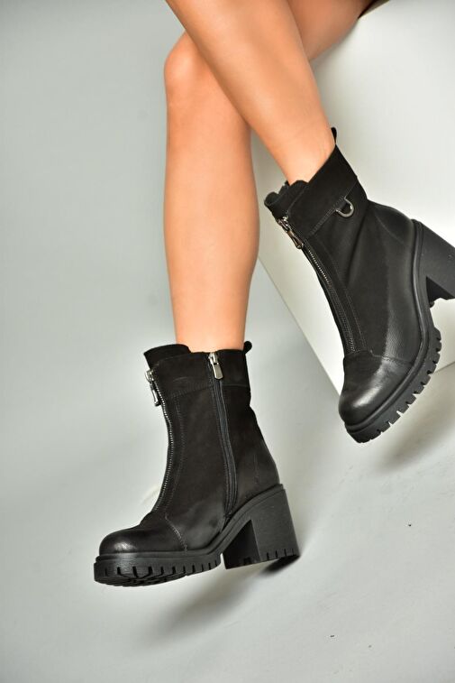 R654095903 Siyah Hakiki Deri Kalın Topuklu Kadın Bot - Görsel 3