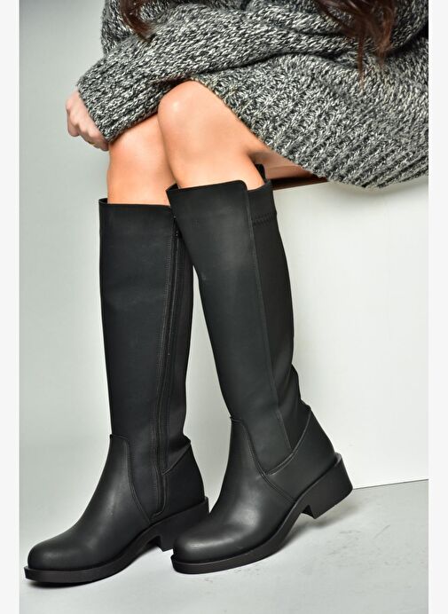 R674009809 Siyah Alçak Topuklu Kadın Çizme - Görsel 5