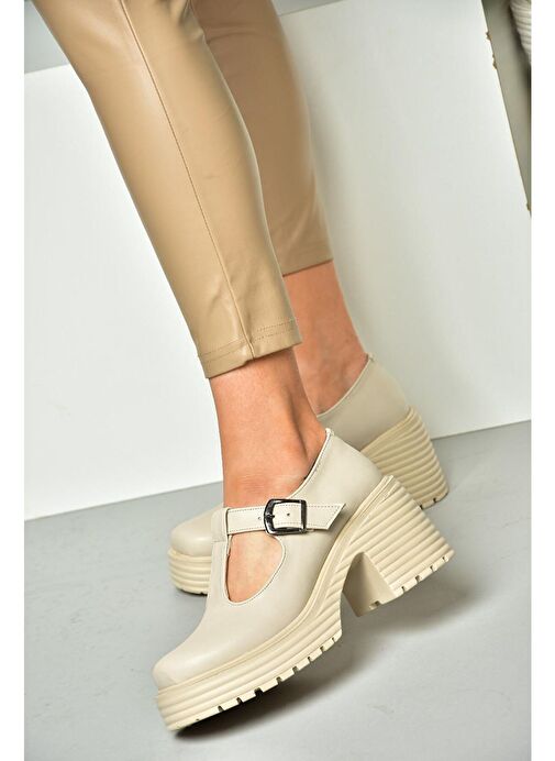 R996946509 Bej Kalın Topuklu Kadın Ayakkabı - Görsel 4