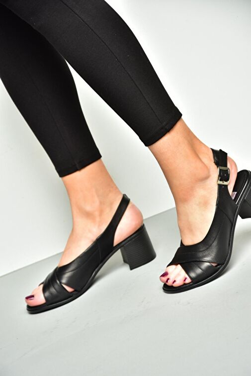 P555452203 Siyah Hakiki Deri Kalın Topuklu Kadın Ayakkabı - Görsel 3