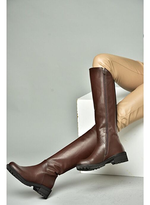 N654032803 Kahverengi Hakiki Deri Alçak Topuklu Kadın Çizme - Görsel 2