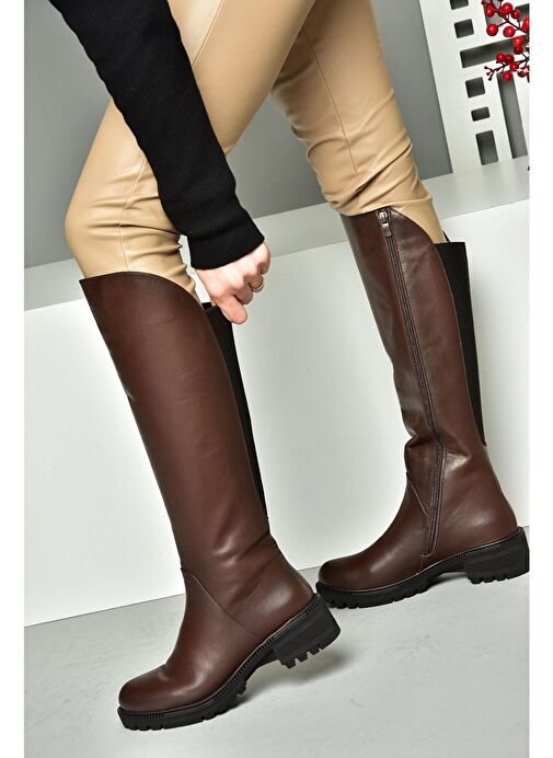 N654032803 Kahverengi Hakiki Deri Alçak Topuklu Kadın Çizme - Görsel 4