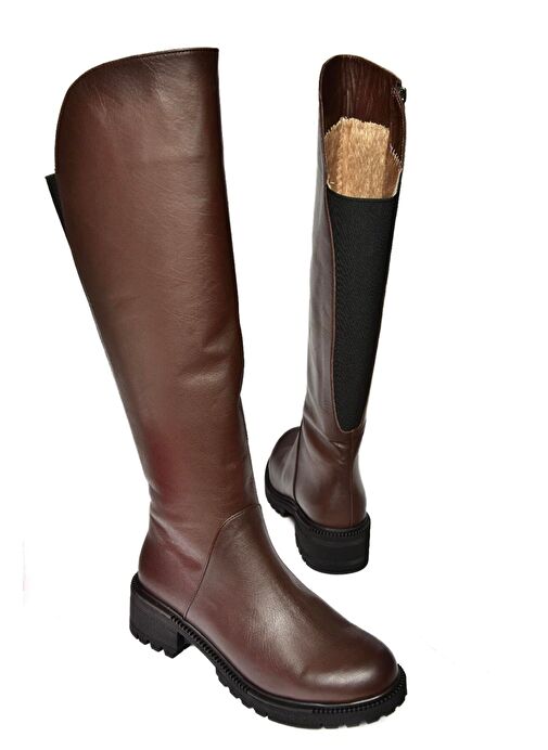 N654032803 Kahverengi Hakiki Deri Alçak Topuklu Kadın Çizme - Görsel 7