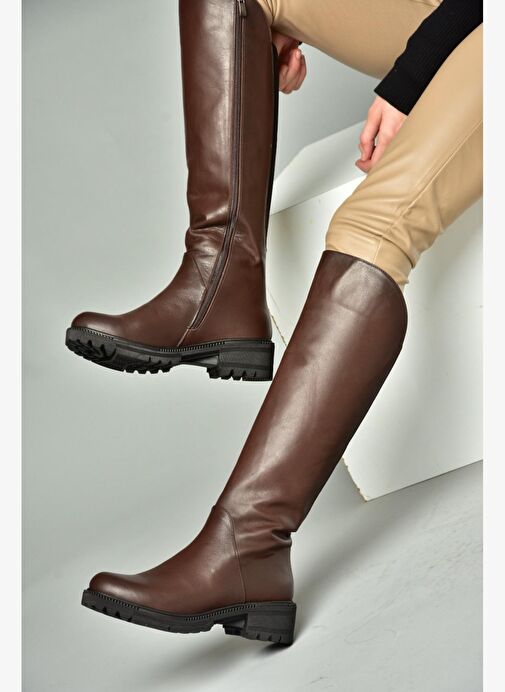 N654032803 Kahverengi Hakiki Deri Alçak Topuklu Kadın Çizme - Görsel 3