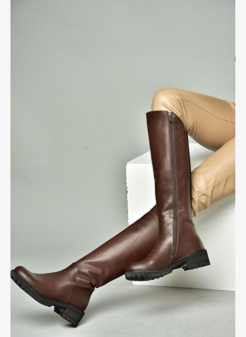 N654032803 Kahverengi Hakiki Deri Alçak Topuklu Kadın Çizme - Görsel 2