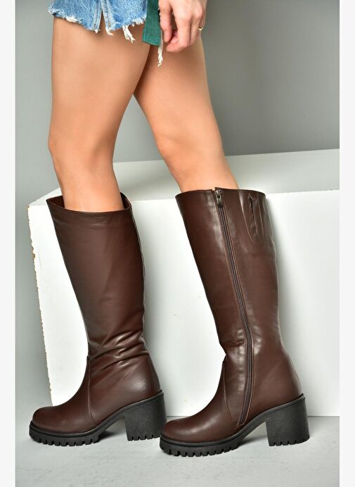 R654047703 Kahverengi Hakiki Deri Kalın Topuklu Kadın Çizme - Görsel 3