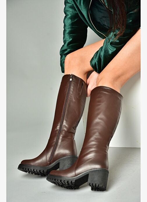 R654047703 Kahverengi Hakiki Deri Kalın Topuklu Kadın Çizme - Görsel 4