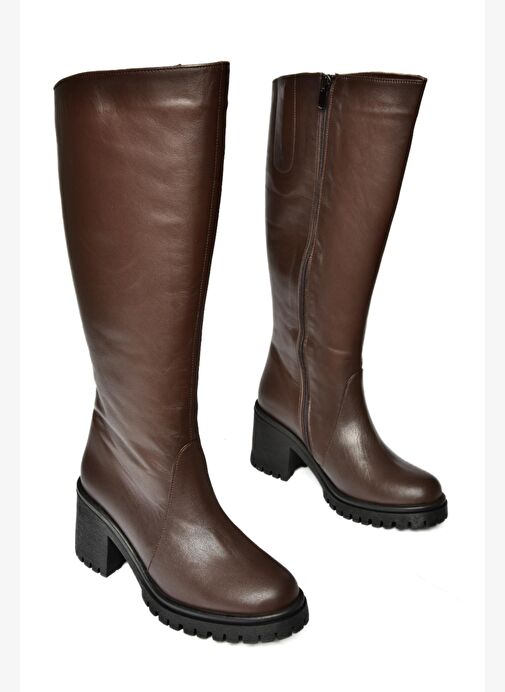 R654047703 Kahverengi Hakiki Deri Kalın Topuklu Kadın Çizme - Görsel 8