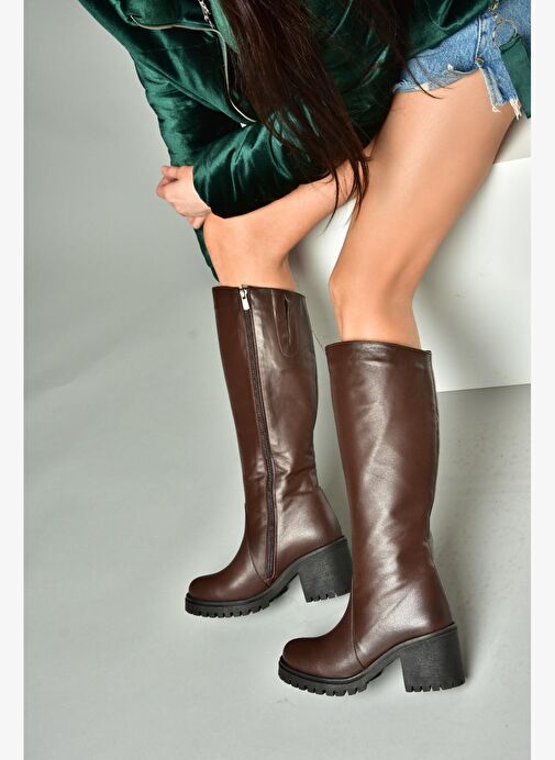 R654047703 Kahverengi Hakiki Deri Kalın Topuklu Kadın Çizme - Görsel 5
