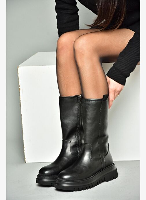 R312104909 Siyah Kalın Tabanlı Kadın Çizme - Görsel 5