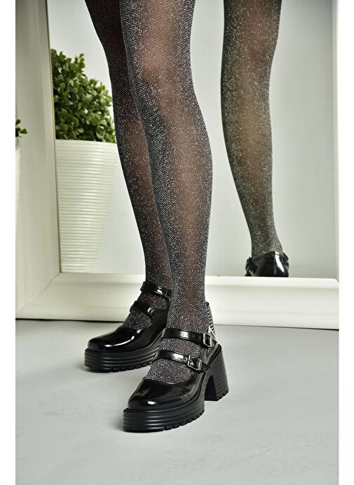 R996055008 Siyah Rugan Kalın Topuklu Kadın Ayakkabı - Görsel 4