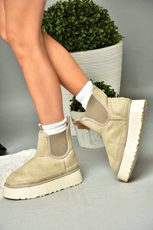 R612055302 Bej/Bej Süet İçi Tüylü Kalın Tabanlı Yarım Kadın Bot - Görsel 2