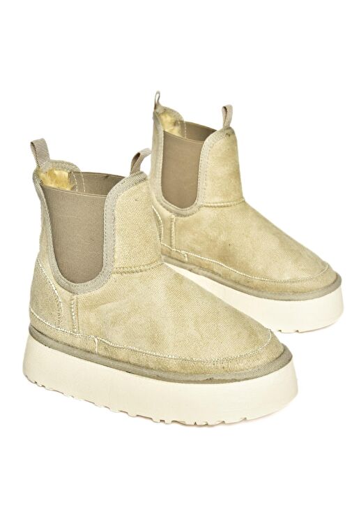 R612055302 Bej/Bej Süet İçi Tüylü Kalın Tabanlı Yarım Kadın Bot - Görsel 8