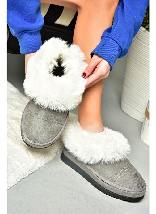 R824667202 Gri/Siyah Süet Peluş Kadın Ayakkabı - Görsel 3