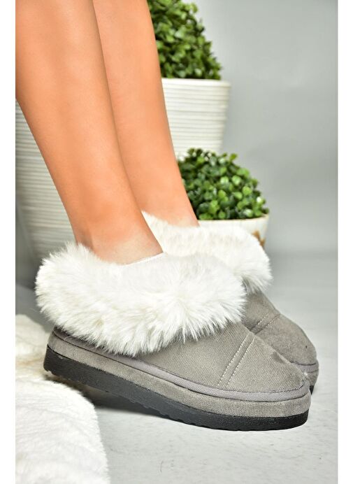 R824667202 Gri/Siyah Süet Peluş Kadın Ayakkabı - Görsel 4