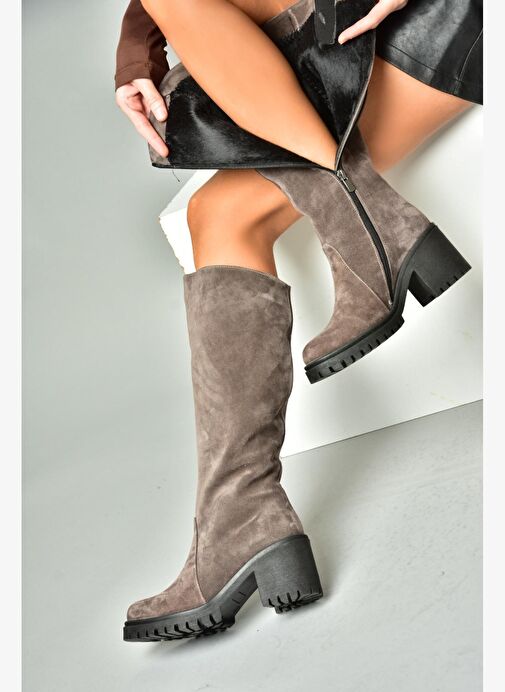 R654047702 Füme Hakiki Deri Süet Kalın Topuklu Kadın Çizme - Görsel 6