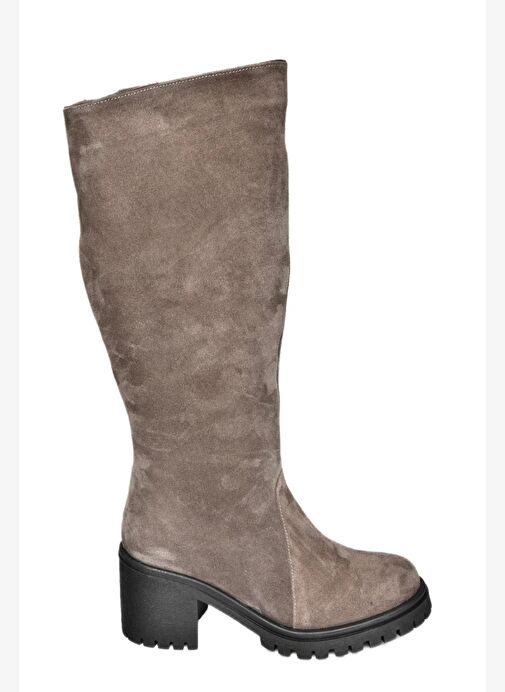 R654047702 Füme Hakiki Deri Süet Kalın Topuklu Kadın Çizme - Görsel 8