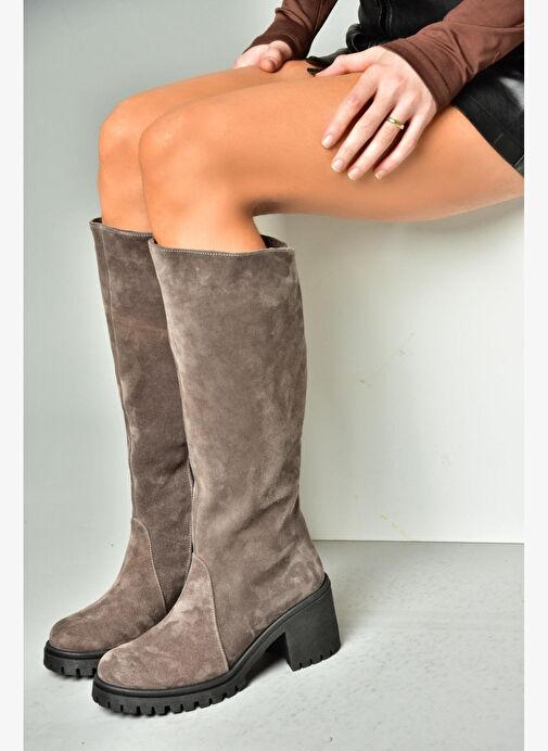 R654047702 Füme Hakiki Deri Süet Kalın Topuklu Kadın Çizme - Görsel 5