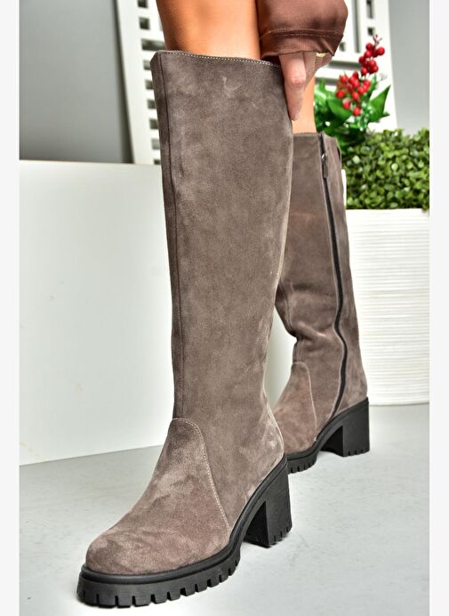 R654047702 Füme Hakiki Deri Süet Kalın Topuklu Kadın Çizme - Görsel 2