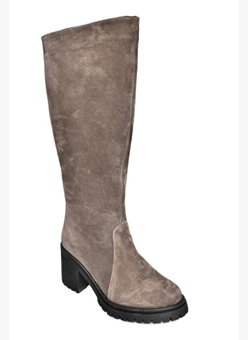 R654047702 Füme Hakiki Deri Süet Kalın Topuklu Kadın Çizme - Görsel 7