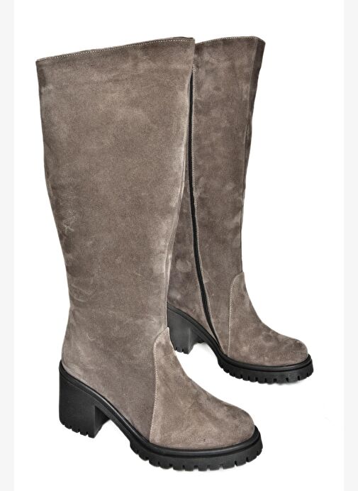 R654047702 Füme Hakiki Deri Süet Kalın Topuklu Kadın Çizme - Görsel 9