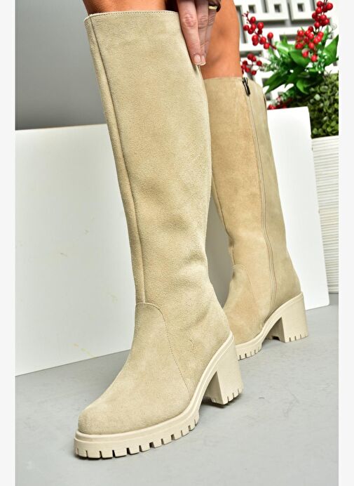 R654047702 Bej Hakiki Deri Süet Kalın Topuklu Kadın Çizme - Görsel 5
