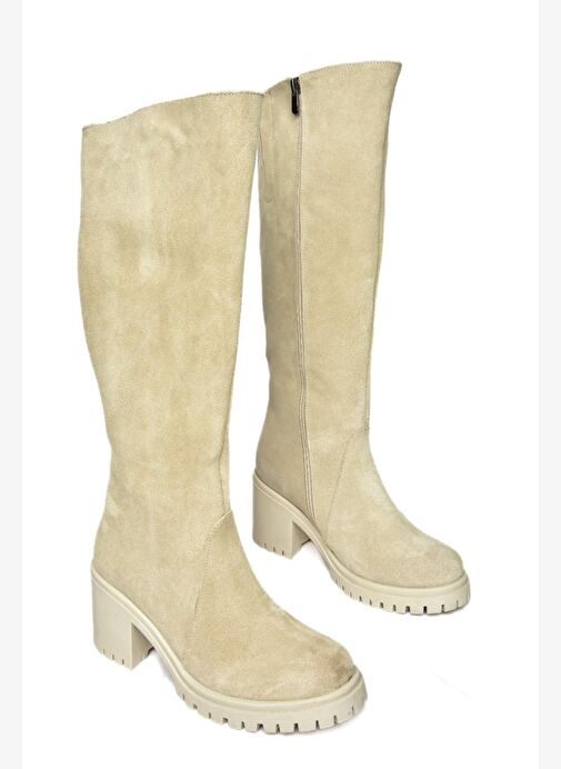 R654047702 Bej Hakiki Deri Süet Kalın Topuklu Kadın Çizme - Görsel 8