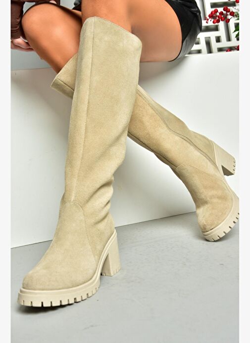 R654047702 Bej Hakiki Deri Süet Kalın Topuklu Kadın Çizme - Görsel 6